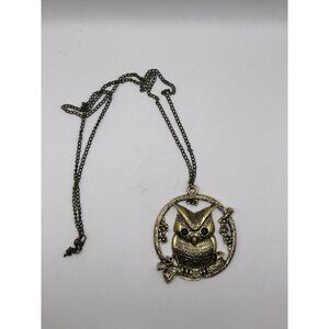Vintage Brass Owl Pendant Necklace With Intricate Chain & Woodland Design